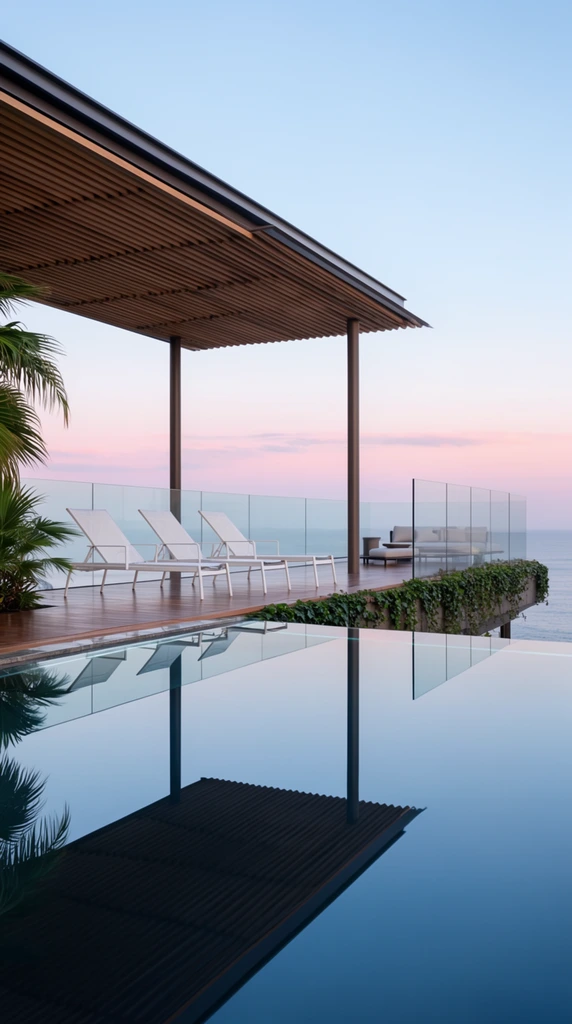 A sleek modern outdoor terrace features an infinity pool reflecting a pastel twilight sky and crisp architectural lines. The mirror-like surface of the water flawlessly doubles an overhead slatted wooden canopy supported by slender dark pillars. On a polished wooden deck beneath the overhang, three white mesh lounge chairs sit in a uniform row behind a transparent glass railing. Lush green palm fronds enter the frame from the left. The elevated deck extends rightward, edged with trailing ivy and the glass balustrade, leading toward a minimalist outdoor sofa set. A serene ocean blends seamlessly into the horizon beneath the soft blue and pink gradient sky. The architectural photography emphasizes clean geometric proportions, deep reflections, and a tranquil coastal atmosphere.