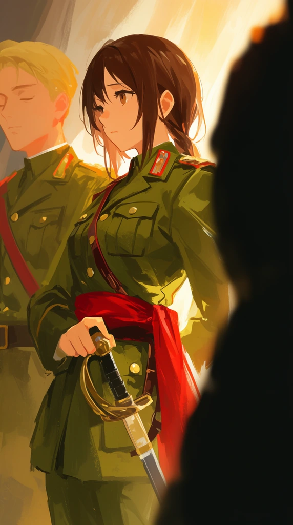 young anime woman in olive green military uniform, red sash, sword, pensive expression, blonde male soldier behind, dramatic warm backlighting, dark foreground silhouette, painterly illustration