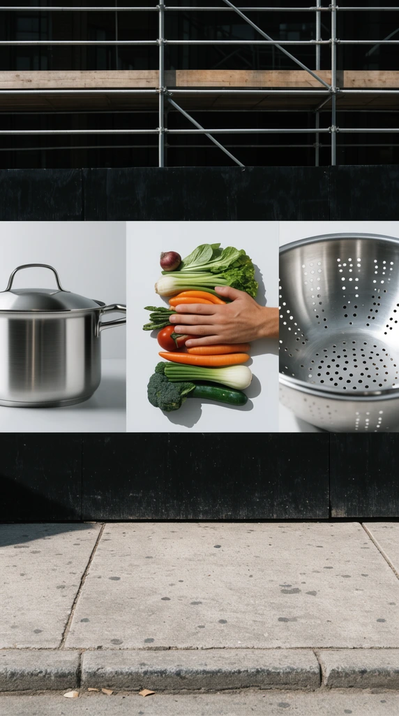 three outdoor posters on a black hoarding, close-up stainless steel pot, hand beside a vertical stack of raw vegetables, macro stainless steel colander, concrete sidewalk, scaffolding, minimalist photography
