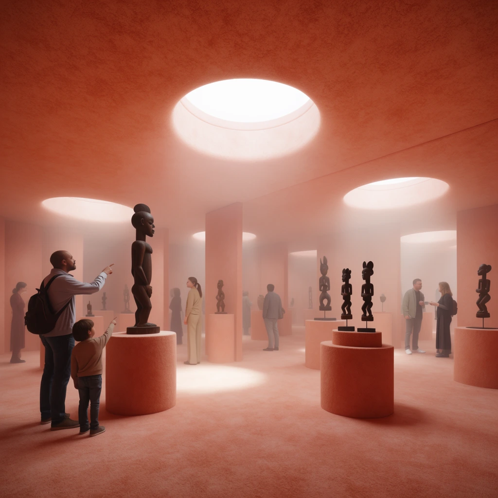 A hazy, terracotta-toned exhibition space where visitors observe dark wooden tribal sculptures displayed on cylindrical pedestals. The surreal gallery features a uniform textured peach-pink finish across the floor, ceiling, and partitions. Circular skylights pierce the ceiling, casting stark pools of light across the room. A man and child point toward a tall figure sculpture in the foreground, while other patrons converse and examine artifacts throughout the fog-filled environment. The scene exhibits soft volumetric lighting and a striking monochromatic architectural aesthetic.