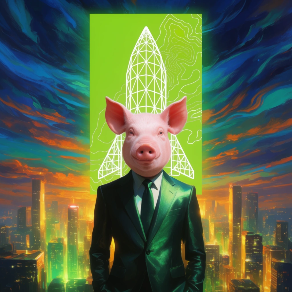 A surreal portrait of a humanoid figure with a hyper-realistic pink pig head wearing a shimmering, tailored dark green suit and tie. The figure stands centered in the foreground against a glowing, retro-futuristic city skyline bathed in radiant golden and emerald lighting. Directly behind the figure, a bright neon-green vertical rectangular graphic overlay contains a white wireframe geometric structure resembling a rocket or skyscraper, superimposed over a thin white glowing contour map. The backdrop features a dramatic sky rendered with thick, swirling brushstrokes in vivid deep blues, teals, and fiery oranges. The composition blends highly detailed digital painting with bold, luminous graphic design elements, creating a stark, high-contrast atmosphere.
