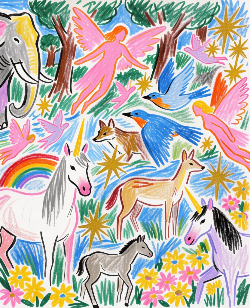 A lively fantasy forest drawing fills the page, crowded with unicorns, winged creatures, stars, flowers, and a rainbow, all rendered with the spontaneous energy of a child’s imagination. colored pencil drawing, waxy crayon-like texture, hand-drawn illustration, fantasy animal scene, naïve art, outsider art, storybook imagery, whimsical, dreamy, playful, enchanted woodland, highly busy composition, layered scribble shading, loose contours, soft paper grain visible, visually adjacent to children’s book drawings, Chagall-like fantasy spirit, Art Brut, bright pastel palette, white background showing through, pink, sky blue, emerald green, golden yellow, orange, lavender, brown, moderate contrast, flat lighting, no visible camera effects, no blur, no digital polish, textured paper surface. In the lower left-center stands the largest figure, a white unicorn facing slightly right, with a long gray mane, black-outlined face, and a yellow horn; behind its neck arches a small rainbow from left to right in red, orange, yellow, green, and blue. Near the bottom right edge, another unicorn is partly cropped by the frame, lavender-white with a black mane and yellow horn, facing inward to the left. At the very center bottom, a small gray foal or young unicorn stands in profile facing right beneath the larger animals. To the right of center, a tan deer-like animal with thin legs and a reddish tail stands facing right. At the upper left edge, a gray elephant-like creature with a trunk and yellow-tinted head is partially cut off by the border. Mid-right, a small brown fox or wolf-like animal peers leftward. Across the image, many pink winged fairy-bird hybrids fly in different directions: one large bright pink figure dominates the upper center with wings spread wide, another pink winged figure hovers right-center, one stretches across the lower left corner, and several smaller pink forms scatter through the background. A vivid blue bird with orange throat flies across the center-right, with another blue winged figure behind it. Golden starbursts are sprinkled throughout, especially upper right and lower center. Trees rise as brown vertical trunks with heavy green scribbled foliage, mostly along the upper half and left side. The ground and background are a storm of blue, green, and white strokes suggesting air, water, or magical mist, with clusters of yellow and pink flowers concentrated along the bottom edge and lower right.