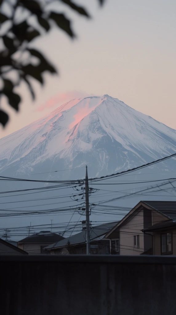 A massive snow-capped conical mountain looms under a pale twilight sky, its peak catching faint pink alpenglow. Blurred silhouetted leaves frame the upper left. A web of dark power lines crisscrosses the midground, intersecting a utility pole and angular rooflines of suburban houses. A solid dark structure anchors the bottom edge. Telephoto compression juxtaposes mundane neighborhood infrastructure with the majestic peak in muted cinematic tones.