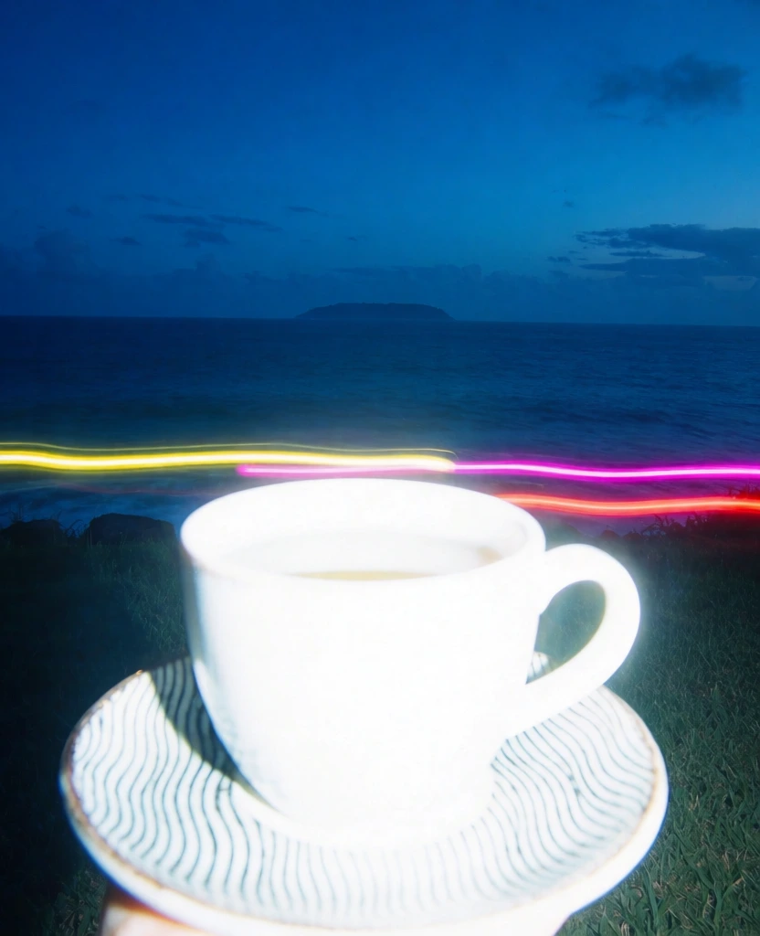 extreme overexposure from a harsh direct camera flash on a ceramic cup filled with liquid on its matching saucer with vertical wavy lines, the cup and saucer are a blindingly bright white silhouette with blown-out highlights, set against a saturated deep twilight blue sky and ocean at dusk, horizontal glowing neon light trails in yellow, magenta, and red zip across the frame behind the subject, grassy ground in the foreground, experimental snapshot aesthetic, high contrast, saturated.