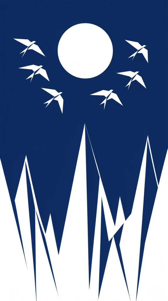 A stark minimalist vector illustration of white geometric mountains, a flock of birds, and a central orb against a solid dark blue background. Six stylized white birds with sharp origami-like wings fly in a semi-circular formation beneath a large, perfectly round white circle in the upper center. The bottom half is anchored by jagged, sharply pointed white triangles of varying heights, creating abstract icy peaks. The artwork uses a strict two-color palette of navy blue and pure white, relying on high-contrast flat shapes and bold negative space for a modern graphic aesthetic.