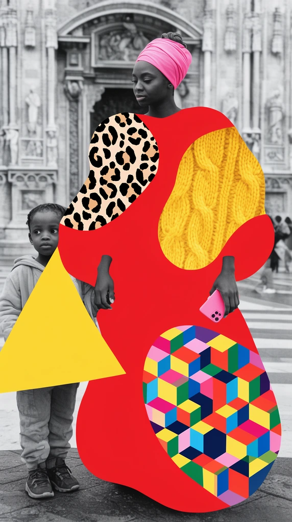 A mixed-media collage fusing monochromatic photography with vibrant pop-art graphics. A woman in a pink headwrap is obscured by a massive red amorphous shape acting as a dress. This red form features inset patterns of leopard print, yellow knit, and 3D geometric cubes. Her arms protrude, holding a pink phone. Beside her, a child is partially covered by a yellow triangular overlay. They stand against a black-and-white photograph of an ornate building facade, sharply contrasting flat colorful textures against realistic grayscale classical architecture.