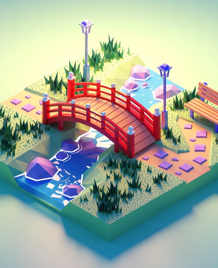 An isometric 3D low-poly diorama depicts a serene park scene on a square, multi-tiered floating island. A red arched bridge with white spherical finials and a light tan wooden walkway spans a narrow blue stream containing white ripples and scattered purple polygonal rocks. A tan path featuring square purple stepping stones winds through the pale green grassy areas on either side of the bridge. On the right, a wooden bench with blue legs is positioned near a cluster of purple rocks. Two stylized lampposts with dark purple bases, red accents, and white globe lights stand along the path. The vegetation consists of two larger trees with clustered dark green cubic canopies and small red fruit, three smaller yellow trees with single cubic canopies, and various small dark green grass tufts. The entire landscape sits atop a dark brown soil base, isolated against a soft background that gradients from light teal to deep blue. Soft, directional lighting from the top right casts gentle shadows across the scene, which is rendered with clean geometric shapes and a vibrant color palette, featuring a subtle blur in the foreground and background corners.