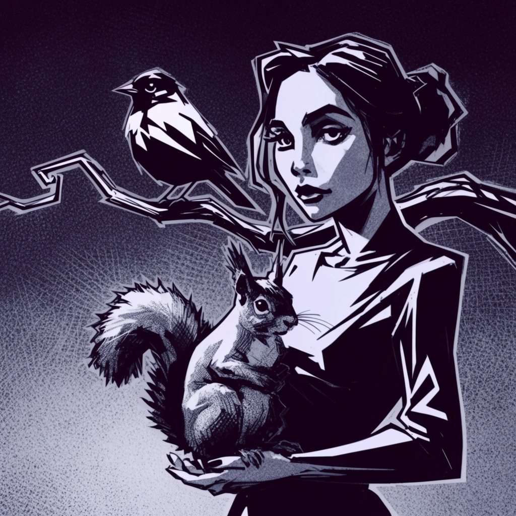 A stylized woman holding a squirrel stands before an angular bird perched on a twisted branch, rendered in a stark, high-contrast gothic graphic novel illustration style. The woman features sharp, jagged contours and heavily stylized linework with variable thickness, illuminated by dramatic directional lighting that leaves large portions of her form in deep, solid purplish-black shadow against bright white highlights. The squirrel in her hands shares these exaggerated, spiky proportions, textured with intricate cross-hatching, stippling, and screentone noise. Behind her, the warped, sharply angled branch supports the geometrically simplified bird, both defined by heavy ink-like black silhouettes and stark white accents. The entire composition employs a strict duotone palette of stark white, pale grey, and deep, inky purplish-black. The background consists of a dark plane covered in a dense, granular gradient of stippled halftone noise and fine cross-hatching textures, framing the intricately inked subjects within an intensely graphic, flat 2D aesthetic.