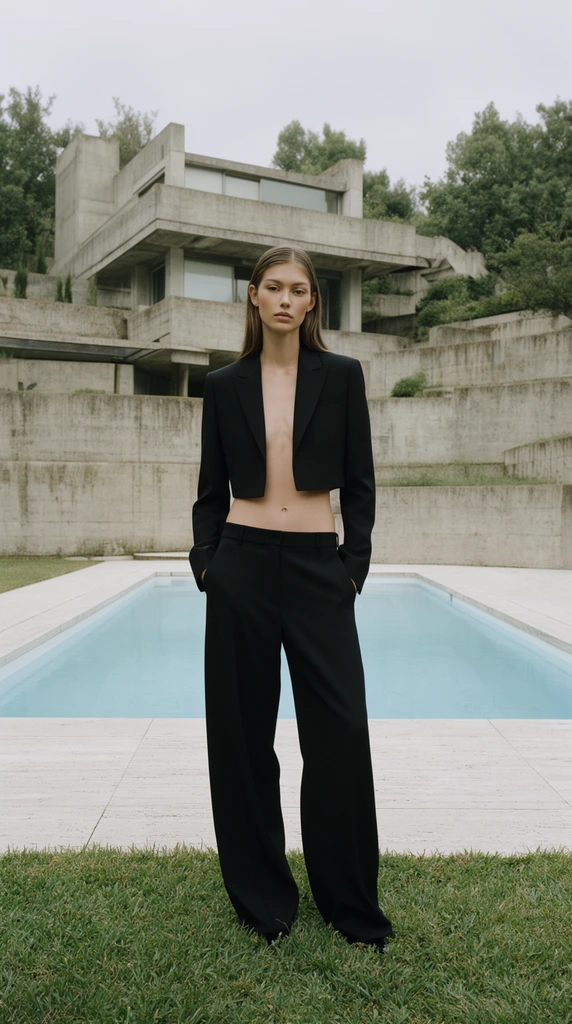 fashion editorial portrait of a slender woman standing centered, wearing a tailored open black cropped blazer exposing her midriff, wide-leg black trousers, hands in pockets, brutalist concrete house background with stepped terraces and green trees, light blue swimming pool on a pale stone deck directly behind her, green grass in the foreground, diffused overcast lighting, wide shot, muted color palette