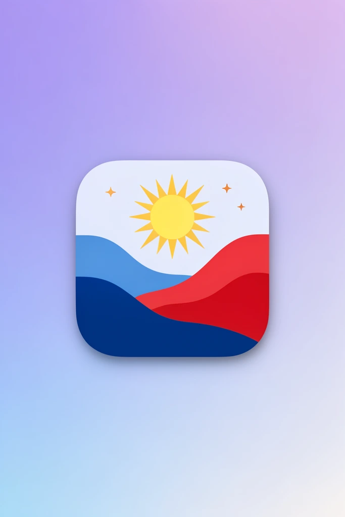 rounded square app icon, minimalist vector landscape illustration, yellow sun with pointed rays, three small stars, pale sky, overlapping blue and red curved hills, subtle drop shadow, smooth soft purple to pale blue gradient background