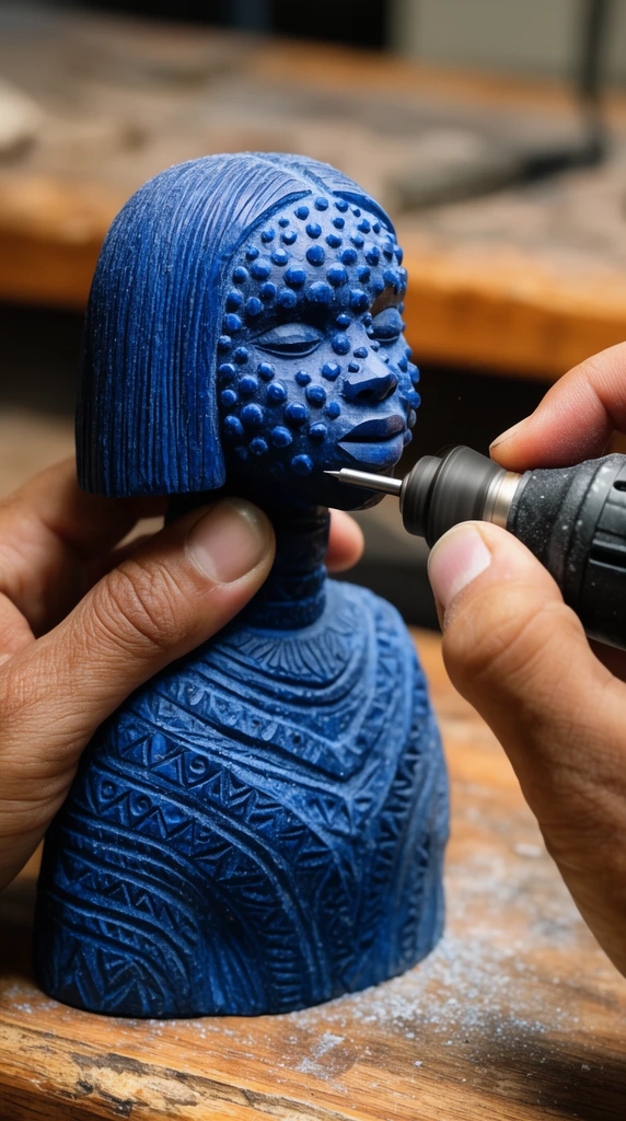 An artisan's hands carve a dark blue figurine using a black rotary power tool. The right hand guides a fine metal bit along the textured statue's neck, highlighting its raised facial nodules, straight hair, and intricate carved patterns. The left hand secures the artwork above a worn wooden workbench scattered with fine dust, captured in a brightly lit close-up with a shallow depth of field.