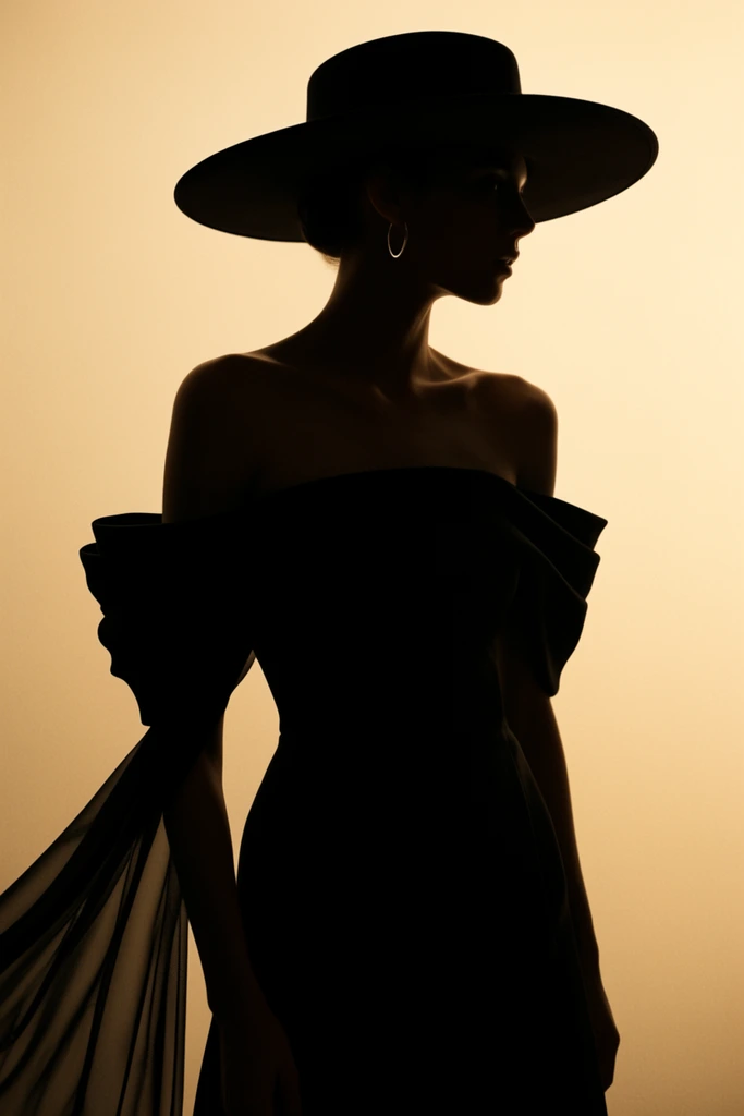 silhouette of a woman in a wide-brimmed hat, off-the-shoulder garment with structured draped sleeves, sheer fabric trailing from the left arm, faint hoop earring catching light, warm golden-beige gradient background, minimalist high-fashion editorial photography, dramatic high-contrast lighting, elegant cinematic composition