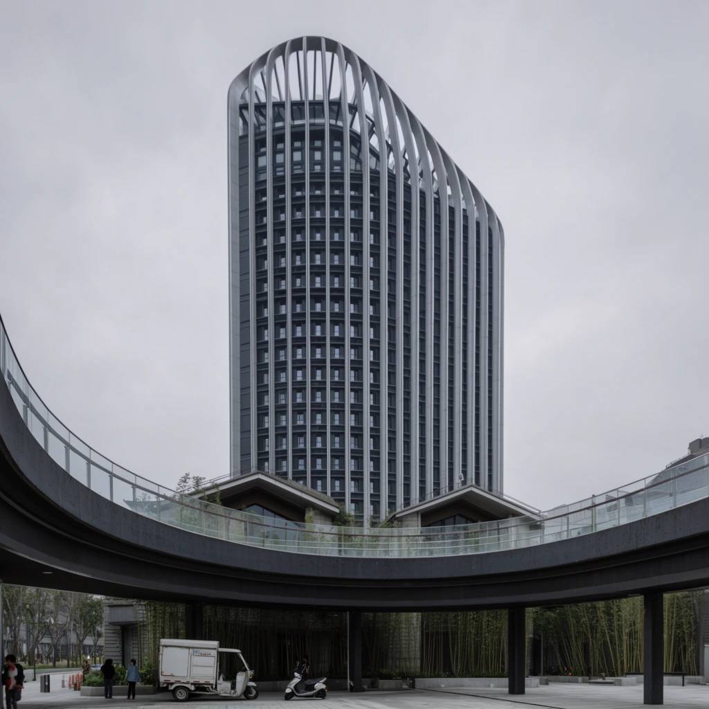 A towering modern skyscraper dominates an overcast urban landscape, featuring a striking facade of dark grey gridwork and prominent, closely spaced light grey vertical fins that curve gracefully inward at the crest to form an asymmetrical, cage-like roofline. In the foreground, a sweeping elevated pedestrian walkway with a dark concrete base and glass balustrades arcs dramatically across the lower frame. Nestled between this overpass and the high-rise are modest gabled-roof structures surrounded by clusters of slender green bamboo. Beneath the curved walkway, the ground-level paved plaza contains a parked white three-wheeled cargo vehicle, a motor scooter, and a few small pedestrians. The architectural photography utilizes diffuse lighting and a muted color palette of cool greys and subtle greens to emphasize the monumental scale, contrasting the sweeping horizontal curves of the overpass with the towering verticality of the skyscraper.