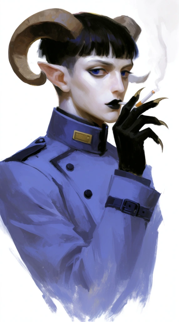 A stylized painterly portrait features a pale humanoid figure with curved ram horns and pointed ears smoking a cigarette against a stark white background. The subject has short dark hair with blunt bangs, deep blue eyes, and dark lips. A black-gloved hand with claw-like fingertips gracefully holds the lit cigarette, trailing wispy smoke. They wear a high-collared, structured periwinkle-blue military tunic featuring dark buttons, belted cuffs, and a small gold rectangular collar emblem. Rendered with expressive, loose brushstrokes, the bottom edges of the uniform fade directly into the white canvas, contrasting sharply with the finely detailed, luminous skin.
