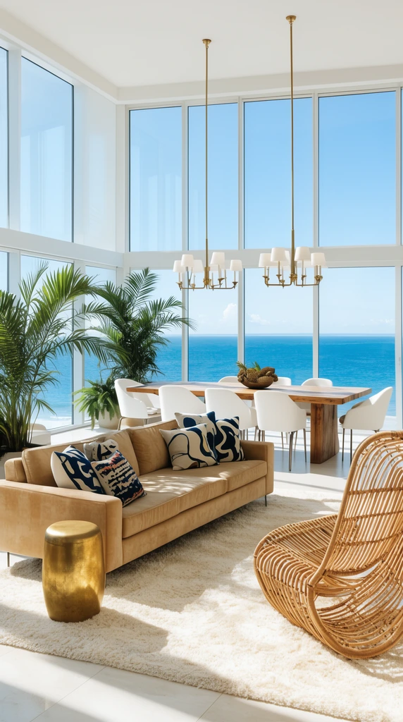 A sunlit open-plan coastal penthouse interior with floor-to-ceiling windows revealing a bright blue ocean. A tan sofa with abstract pillows, a curved rattan chair, and a gold stool rest on a cream rug. A large wooden dining table with white chairs sits under brass chandeliers alongside lush potted palms in this bright high-key architectural space.