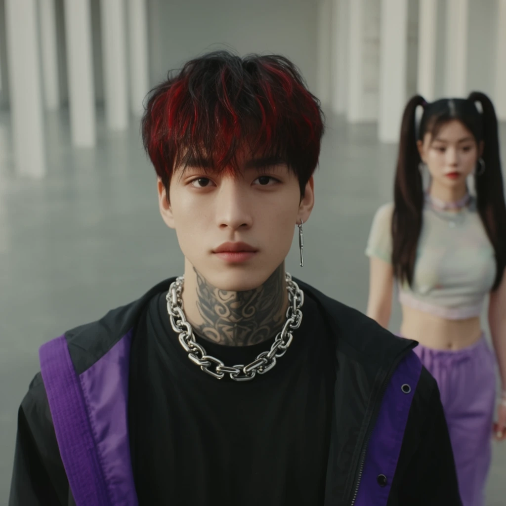 A young man with red-streaked dark hair, a dangling silver earring, and a thick chain necklace stands centered in the foreground. He has a dark neck tattoo and wears a black jacket with purple accents. Behind him to the right, a softly blurred young woman with high pigtails wears a light crop top and purple pants. They are positioned in a minimalist architectural space with smooth floors and white pillars, captured with cinematic lighting and a shallow depth of field.