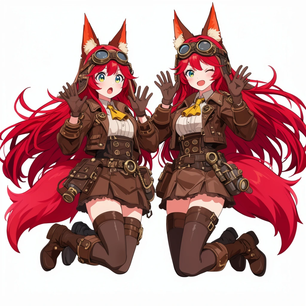 two floating anime girls with long crimson hair and fox ears, wearing brown steampunk aviator jackets and goggles, one raising hands in surprise, the other winking playfully, pure white background, vibrant cel-shaded illustration