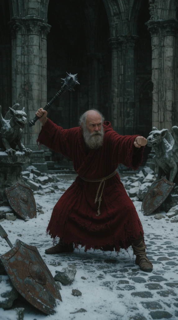 An elderly, bearded monk in tattered crimson robes strikes a deep combat stance in the snowy courtyard of a ruined gothic cathedral. Gripping a heavy iron mace, his right arm is drawn back while his left fist extends forward with intense focus. The wide cinematic shot uses a moody, muted color palette with visible film grain. Broken stone gargoyles and rusted shields litter the snow-covered cobblestones around his feet. Heavy stone pillars loom in the dimly lit background under cool, overcast lighting, emphasizing the dramatic tension of the scene.