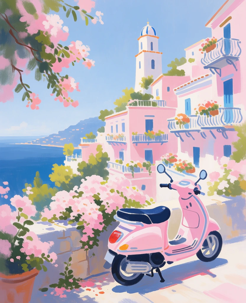 A vibrant digital painting depicts a light pink moped parked on a sunlit street amidst a hillside of pastel pink buildings and blooming flowers overlooking a deep blue sea. The moped, featuring a dark navy blue seat and silver accents, is positioned in the lower right foreground, facing toward the right edge of the frame. To its left, a low stone wall is covered in thick clusters of light pink blossoms and green foliage, which also spill out from a terracotta pot in the bottom left corner. From the top left, a large branch laden with similar pink flowers and green leaves hangs down into the frame. Behind the moped, the hillside is tiered with traditional Mediterranean-style architecture in shades of pale pink and white, decorated with wrought iron balconies, blue window shutters, and numerous flower boxes. A tall white tower with a blue-domed roof stands prominently against the clear, pale blue sky in the upper center. On the left side of the image, the land drops away to reveal an expansive blue sea with a distant, hazy coastline visible on the horizon. The artistic style is painterly and impressionistic, characterized by soft brushstrokes, a flattened perspective, and a bright, sun-drenched color palette dominated by pastel pinks, blues, and whites. Lighting appears to originate from the upper left, casting gentle shadows beneath the moped and along the building facades.
