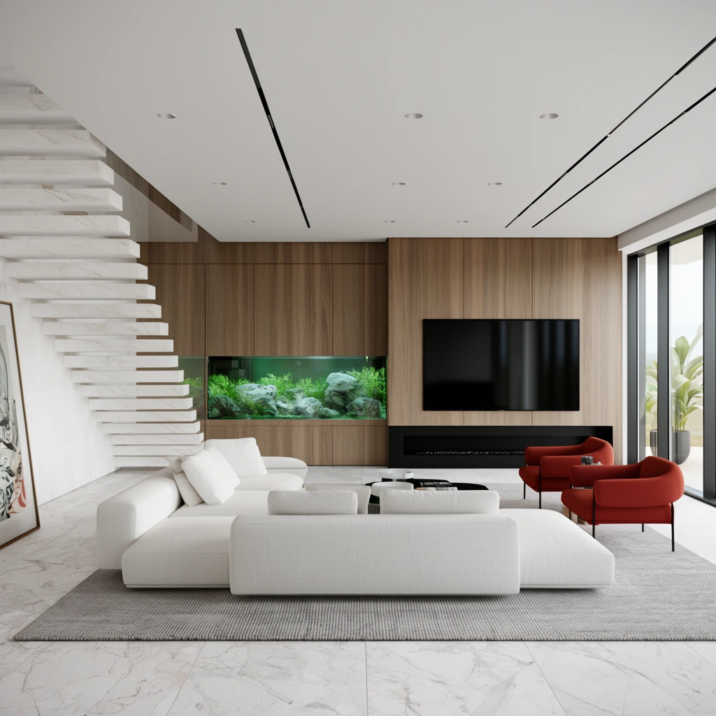 A modern, minimalist living room interior with a low-profile white sectional sofa and two terracotta red accent chairs arranged on a textured grey rug. To the left, a floating white marble staircase ascends, partly obscuring a large piece of leaning artwork. Wood-paneled walls dominate the background, featuring an integrated rectangular aquarium glowing with green plants and rocks, and a large black flat-screen television above a low black linear fireplace. The ceiling is white with recessed lighting and thin black track fixtures. The floor is covered in light marble tiles with subtle grey veining. To the right, floor-to-ceiling windows look out onto a bright, slightly visible exterior with a potted plant.