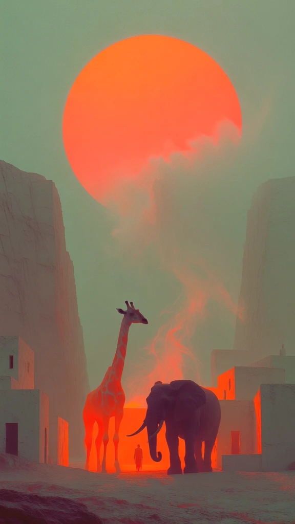 surrealist minimalist composition, giant glowing orange sun, muted sage green sky, a majestic giraffe and elephant standing side by side in a narrow canyon, a simplified village nestled between sheer walls, atmospheric haze and wispy orange smoke, flat geometric architecture, cinematic backlighting, high contrast, ethereal sci-fi aesthetic, vibrant orange and muted earth tones, grainy film texture, soft diffused light, sense of monumental scale.