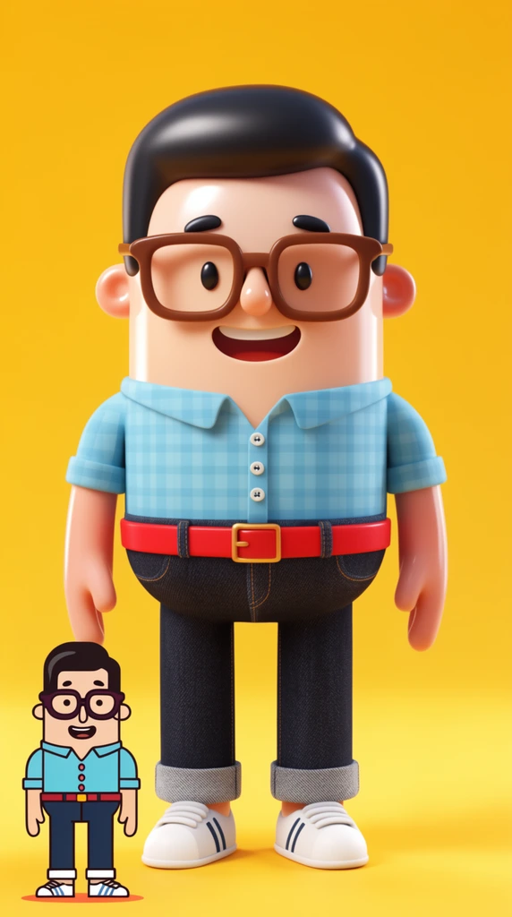 A glossy 3D cartoon man stands against a solid bright yellow background. He has a pill-shaped body, smooth black hair, oversized brown glasses, dot eyes, and a wide smile. He wears a light blue checkered shirt, red belt, cuffed dark jeans, and white striped sneakers. A smaller flat 2D vector version of the character stands in the lower left. The rendering features soft studio lighting, vibrant colors, and smooth plastic textures.