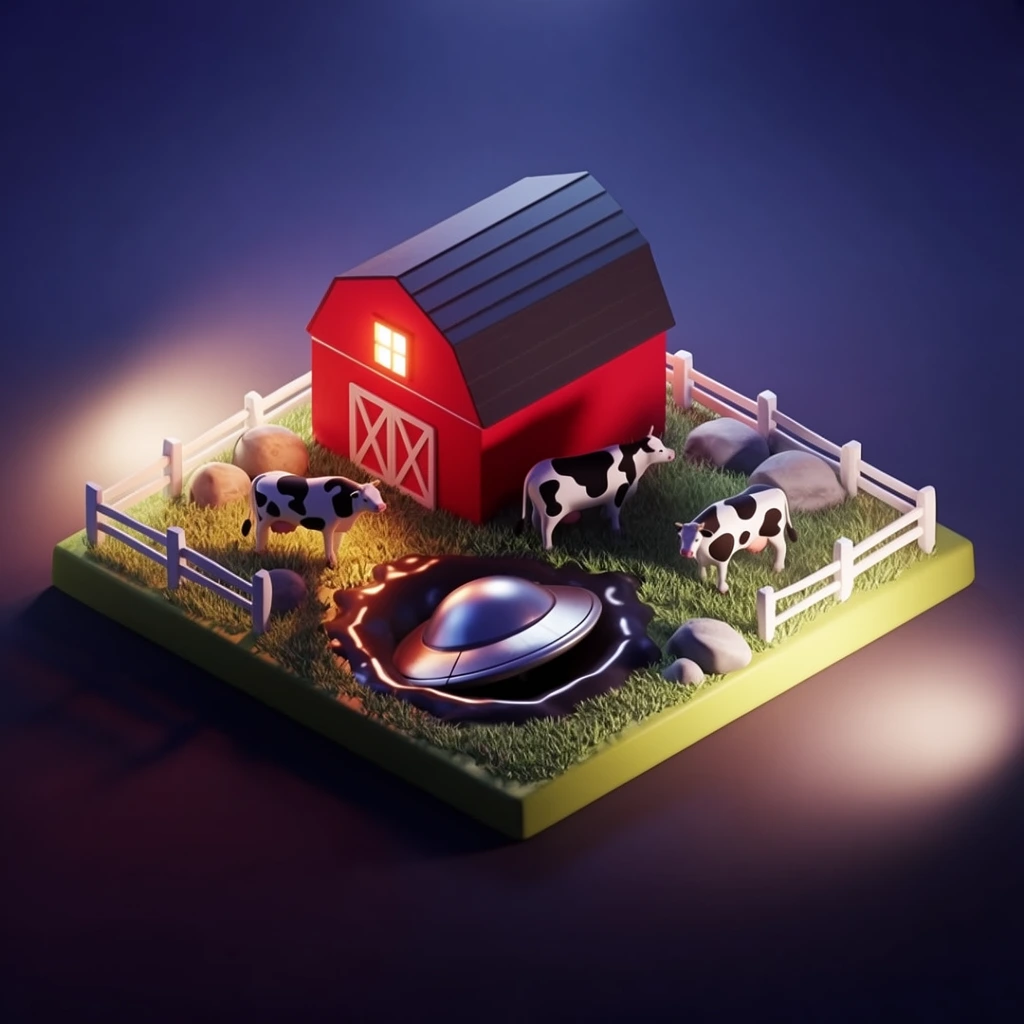 Isometric 3D diorama of a miniature farm scene featuring a bright red barn, three black-and-white cows, and a crashed metallic flying saucer. The square grass-covered base includes smooth gray rocks, a white wooden fence, and a dark glossy crater beneath the disc-shaped saucer. A warm orange glow emanates from the barn window. Dual volumetric spotlights illuminate the stylized, smooth-surfaced miniature against a deep purple-blue void, creating a cinematic, toy-like aesthetic.