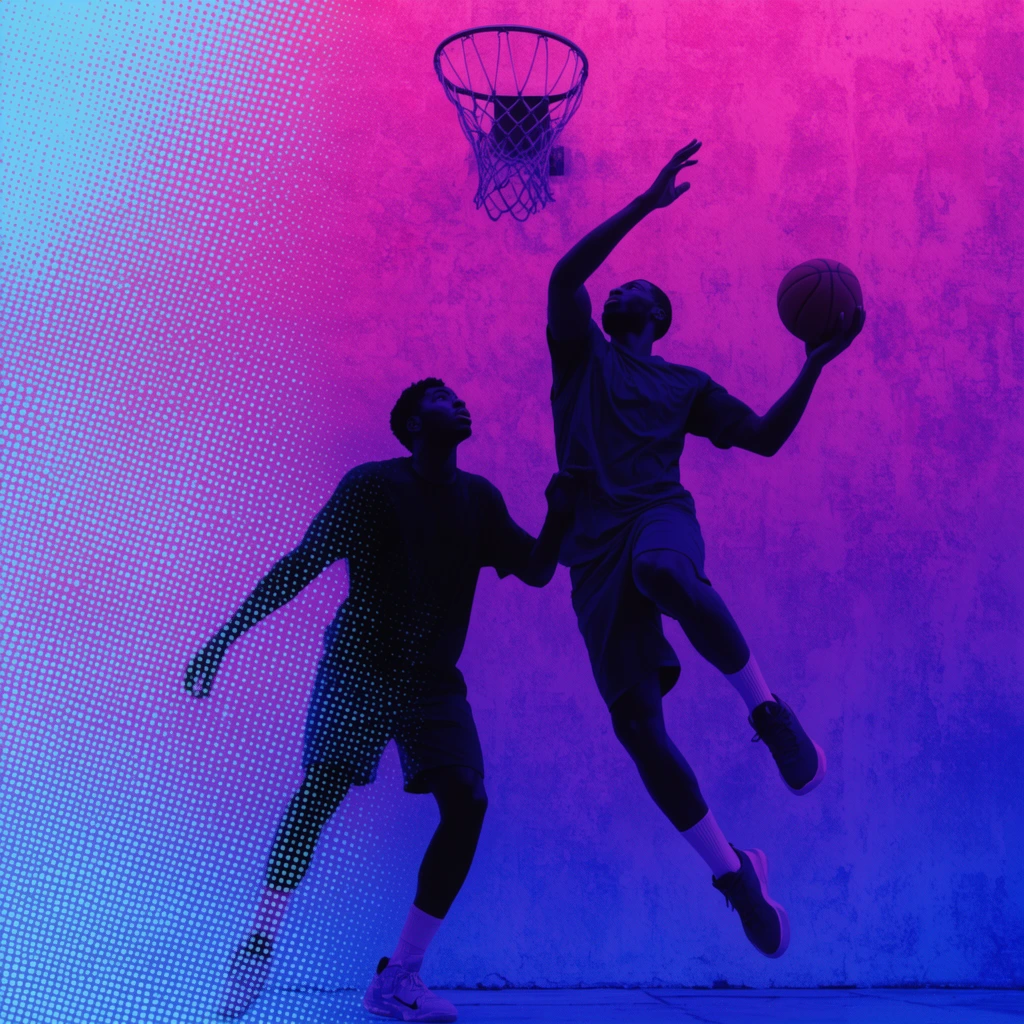 Two basketball players in mid-action beneath a netted hoop against a vibrant magenta, purple, and blue gradient wall. One leaps holding a basketball, while the other looks up intently. The shadowed figures contrast sharply with the bright background. A cyan halftone dot pattern overlays the left side, creating a retro, high-contrast duotone graphic design aesthetic.