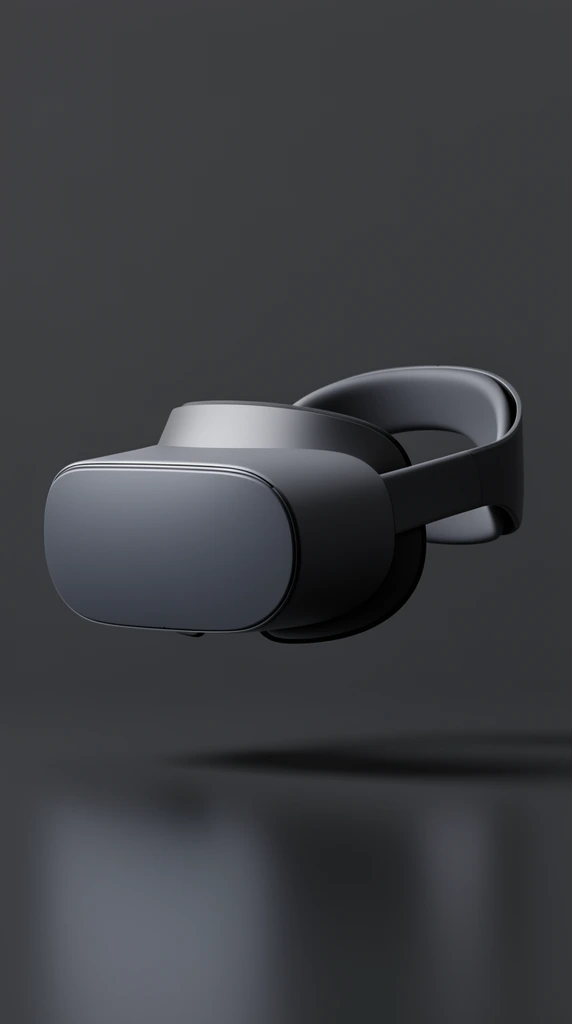 A minimalist dark gray virtual reality headset floats against a seamless dark gray studio background. The sleek device features a smooth, pill-shaped front visor and a rounded rear head strap crafted from matte materials. A subtle seam appears along the top edge. Soft, diffused lighting highlights the curved geometry, casting a blurred drop shadow on the slightly reflective dark floor.
