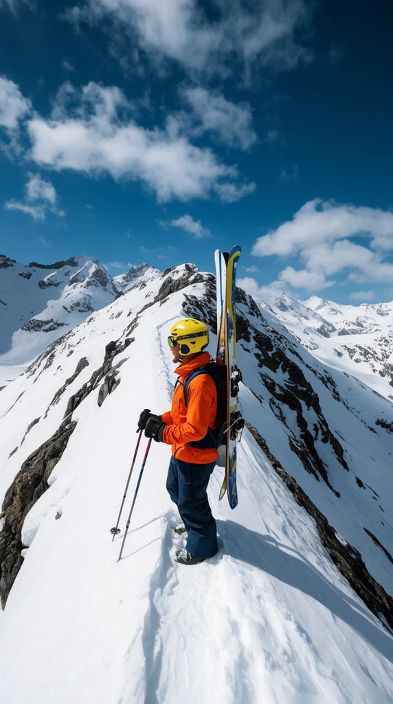skier on a narrow snow-covered mountain ridge, bright orange jacket, yellow helmet, skis strapped vertically to a backpack, holding ski poles, looking toward distant snowy peaks, steep alpine terrain, exposed dark rock, deep blue sky, scattered clouds, bright sunlight, wide angle adventure photography