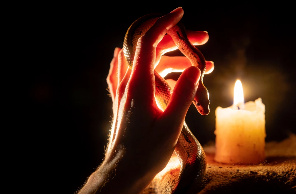 extreme chiaroscuro, a hand delicately clutching a winding snake beside a lone flickering candle, resting on a scrap of raw frayed linen, intense warm backlighting creating fiery subsurface scattering through fingers and scales, sharp incandescent rim light, soft volumetric light shafts piercing the dark, deep obsidian shadows, selective macro focus, tactile skin and scale textures, moody cinematic atmosphere, rich amber tones, subtle digital grain, vertical composition