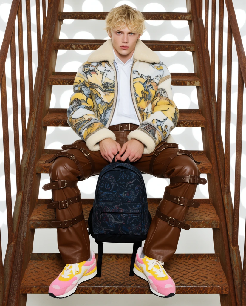 young blonde man seated on rusted metal stairs, illustrated shearling jacket, brown leather pants with multiple straps, pink and yellow retro sneakers, holding a dark patterned backpack, bright white background with large circular light spots, editorial fashion style