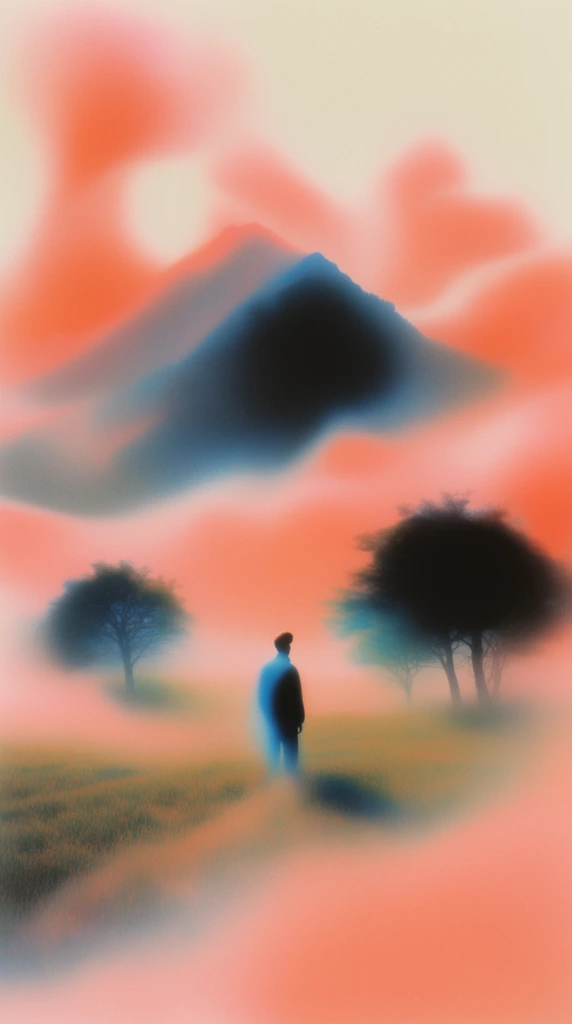 A solitary man stands in a sweeping field dotted with trees, positioned before a looming mountain, all enveloped in a surreal, ethereal atmosphere of swirling, vaporous coral-orange and salmon-pink clouds against a pale creamy backdrop. The man, trees, fields, and mountain are rendered as soft, hazy silhouettes with deep cyan and black core shadows, their edges blurring and dissolving seamlessly into the surrounding mist. Dense, liquid-like peach-colored fog flows through the landscape, wrapping around the base of the mountain and rolling across the fields to obscure the lower portions of the scene. The composition employs a vintage airbrush illustration technique, characterized by extreme soft focus, heavy film grain, smooth glowing neon-pastel color gradients, and a dreamy, minimalist aesthetic where solid forms emerge ghost-like from the vibrant, heavily textured haze.