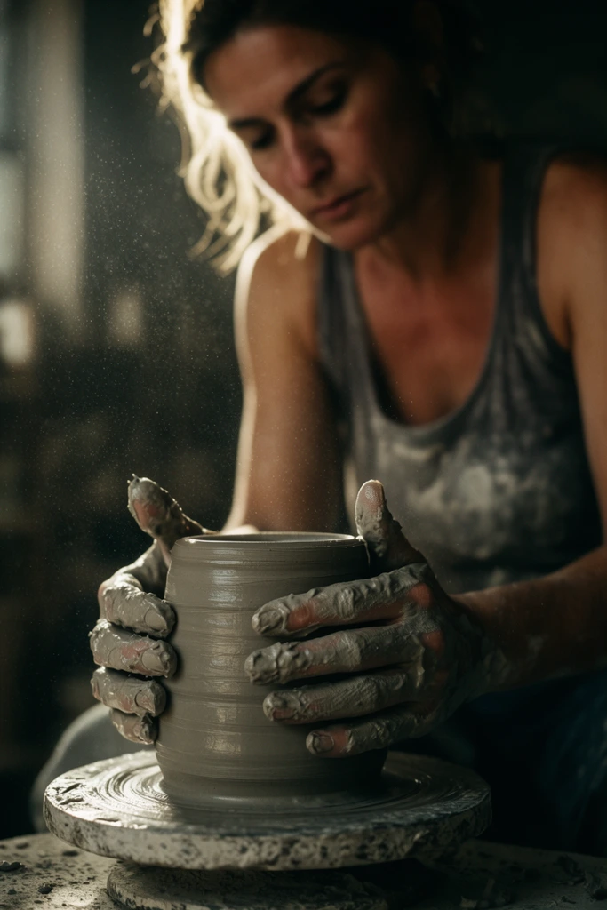 Female artisan shaping a wet clay vessel, hands coated in thick grey slip gripping a freshly thrown cylindrical pot, woman in a dusty tank top looking down, face softly blurred in the background, cinematic photography, shallow depth of field, sharp focus on clay and hands, suspended dust particles illuminated by dramatic backlighting, chiaroscuro, dark moody workshop, tactile textures, earthy tones
