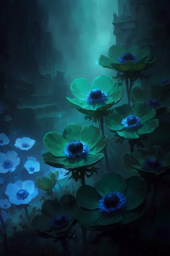 Bioluminescent Abyssal Mysticism style reference image — deep teal and indigo palette