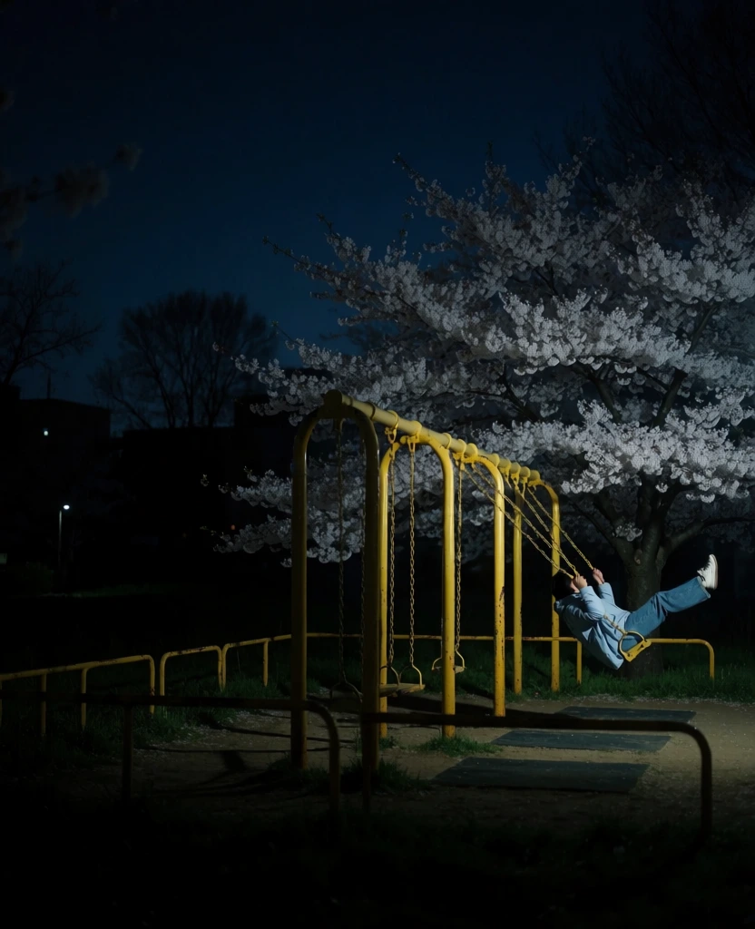 A person in a light blue jacket and blue jeans swings high on a yellow metal swing set at night, positioned beneath a large canopy of blooming cherry blossoms. The individual is captured mid-swing on the rightmost seat, their body tilted backward with their legs extended upward toward the sky. The swing set consists of several yellow support poles and horizontal bars that span across the middle ground, casting dark shadows on the ground below. A massive cherry blossom tree dominates the upper right quadrant of the image, its dense clusters of white flowers brightly illuminated against the deep indigo of the night sky. To the left, the dark silhouettes of trees and buildings are barely visible in the shadows, with one small, distant light source glowing in the darkness. In the foreground, a low yellow metal railing runs parallel to the swing set. The photograph is presented in a square format with a perspective that places the viewer at a slight distance from the action. The lighting is nocturnal, with an artificial light source from the right highlighting the person, the yellow poles, and the textured blossoms, while the rest of the scene remains in deep shadow. The color palette is dominated by dark blues and blacks, contrasted sharply by the bright yellow of the playground equipment and the pale white of the flowers.
