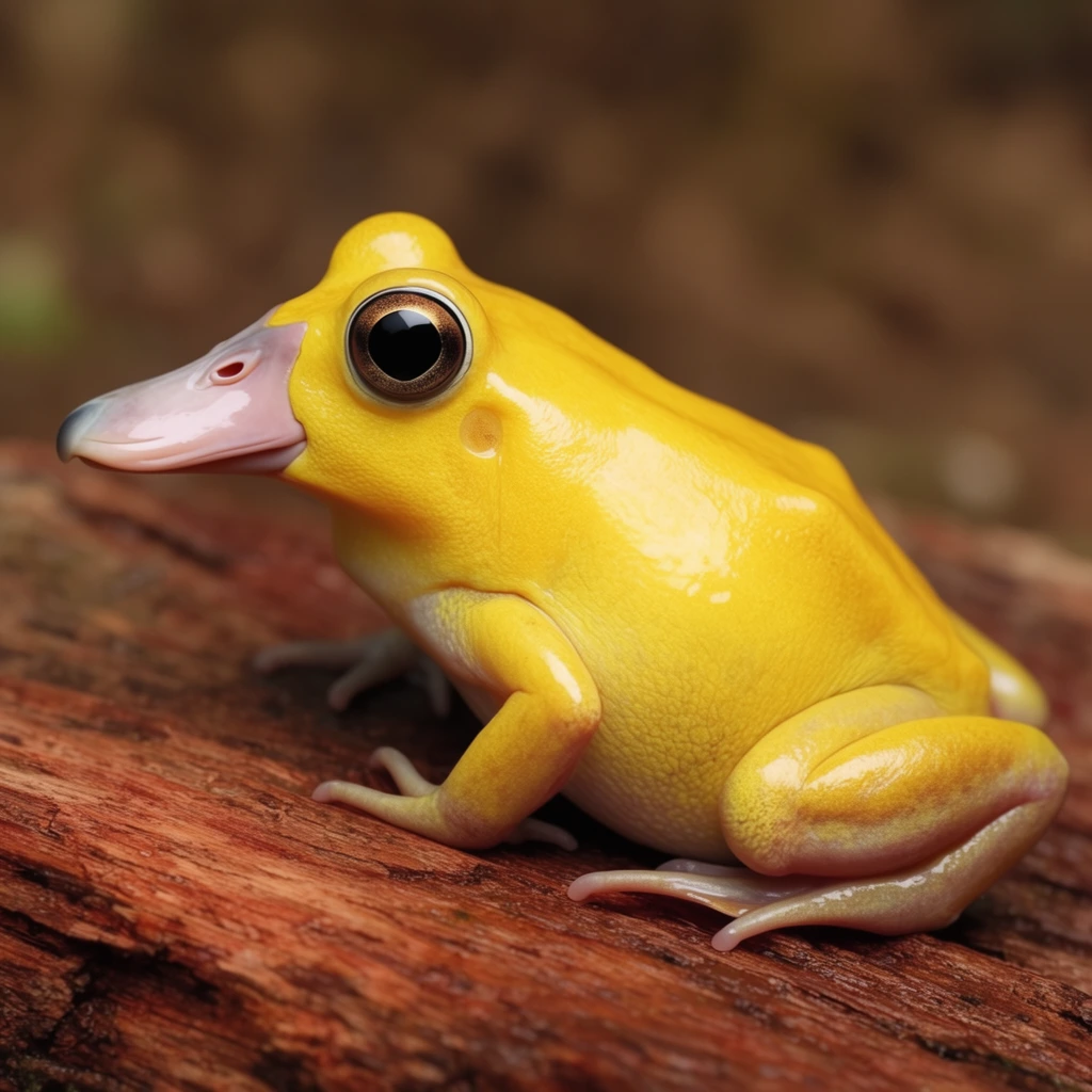 surreal animal hybrid, bright yellow frog body merged with a duck head, pale pinkish-grey flat bill, large glossy dark eye, smooth damp skin, folded muscular hind legs, resting on rough reddish-brown wood, blurred earthy background, macro photography, photorealistic