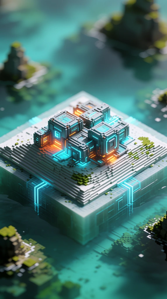 An isometric voxel art render of a futuristic high-tech facility resting on a perfectly square, tiered platform surrounded by ethereal teal water. The central structure comprises interlocking metallic grey cubes illuminated by radiant neon cyan and warm orange emissive lights. It sits on terraced white voxel terrain atop a large, translucent geometric foundation just beneath the water's surface. Small, rugged rock formations with mossy green textures dot the surrounding mist. A dramatic tilt-shift depth of field blurs the sea-green background and foreground, emphasizing the intricate miniature scale of the glowing outpost.