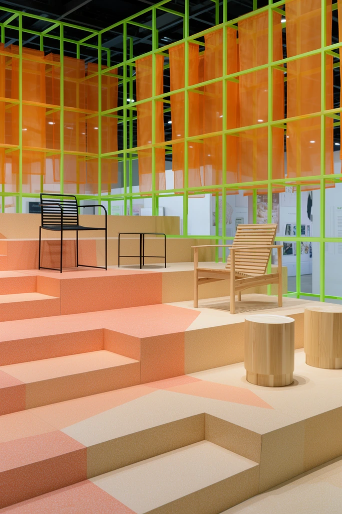 multi-level stepped exhibition platform, geometric stairs with speckled peach and tan surfaces, minimalist furniture across the tiers, black metal chair, black metal side table, wooden slat armchair, two light wood cylindrical stools, floor-to-ceiling neon green structural framework, translucent orange fabric screens hanging within the grid, open lattice revealing a blurred exhibition background, contemporary installation design, geometric color blocking, warm pastel and neon green palette, even artificial lighting, clean architectural lines
