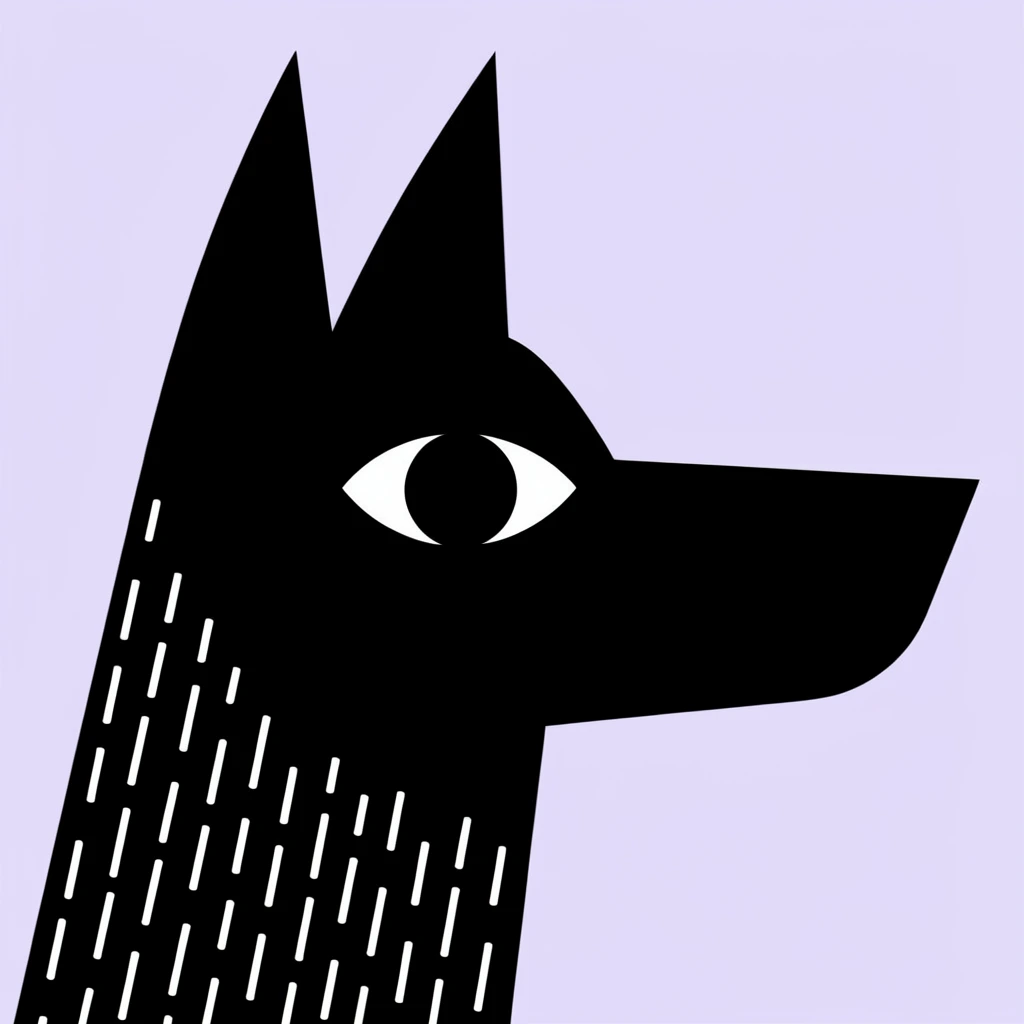 stylized black silhouette of a geometric canine head in profile facing right, sharp asymmetrical pointed ears, single large white almond-shaped eye with a solid black pupil, neck decorated with short white vertical dashed lines, minimalist flat vector art, stark high contrast, isolated on a solid pale lavender background