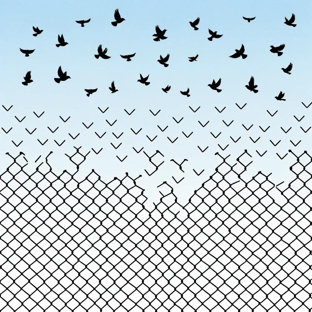 black chain-link fence transforming into flying birds, diamond wire mesh at bottom, broken top edge, V-shaped wire segments detaching and floating upward, black bird silhouettes scattered across top, pale blue sky gradient, minimalist 2D illustration, surreal optical illusion