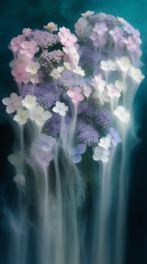 A surreal botanical composition features delicate pastel hydrangea blooms dissolving into wispy vertical trails against a deep teal background. Clusters of pale pink, crisp white, and periwinkle four-petaled florets mix with dense groups of tiny violet buds. Long translucent white streaks pull downwards from the petals, resembling flowing underwater currents or milky ink melting into a dark abyss. Soft, diffused lighting creates a luminous, dreamlike atmosphere, contrasting the sharp focus of the uppermost petals with the smooth, motion-blurred lower trails to produce an ethereal, painterly visual.