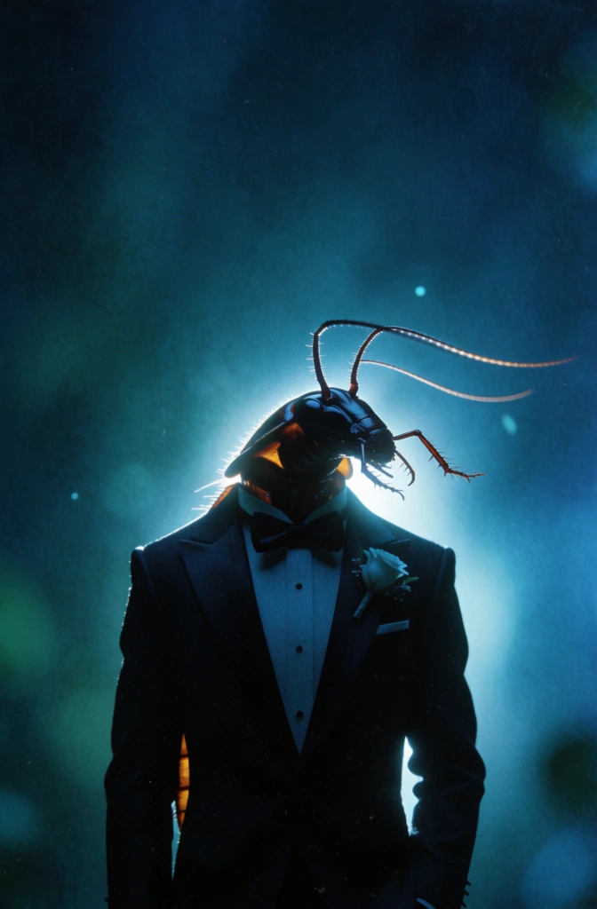 silhouette of an anthropomorphic cockroach in a sharp tuxedo, backlit by a bright source creating a glowing halo, deep teal and dark blue monochromatic palette, ethereal rim lighting accentuating antennae and silhouette, grainy film texture, cinematic and moody atmosphere, minimal composition, mysterious aesthetic, long antennae blowing gracefully to the side, soft bokeh light orbs in the background, high contrast, underwater or windy feel, low-key lighting style.