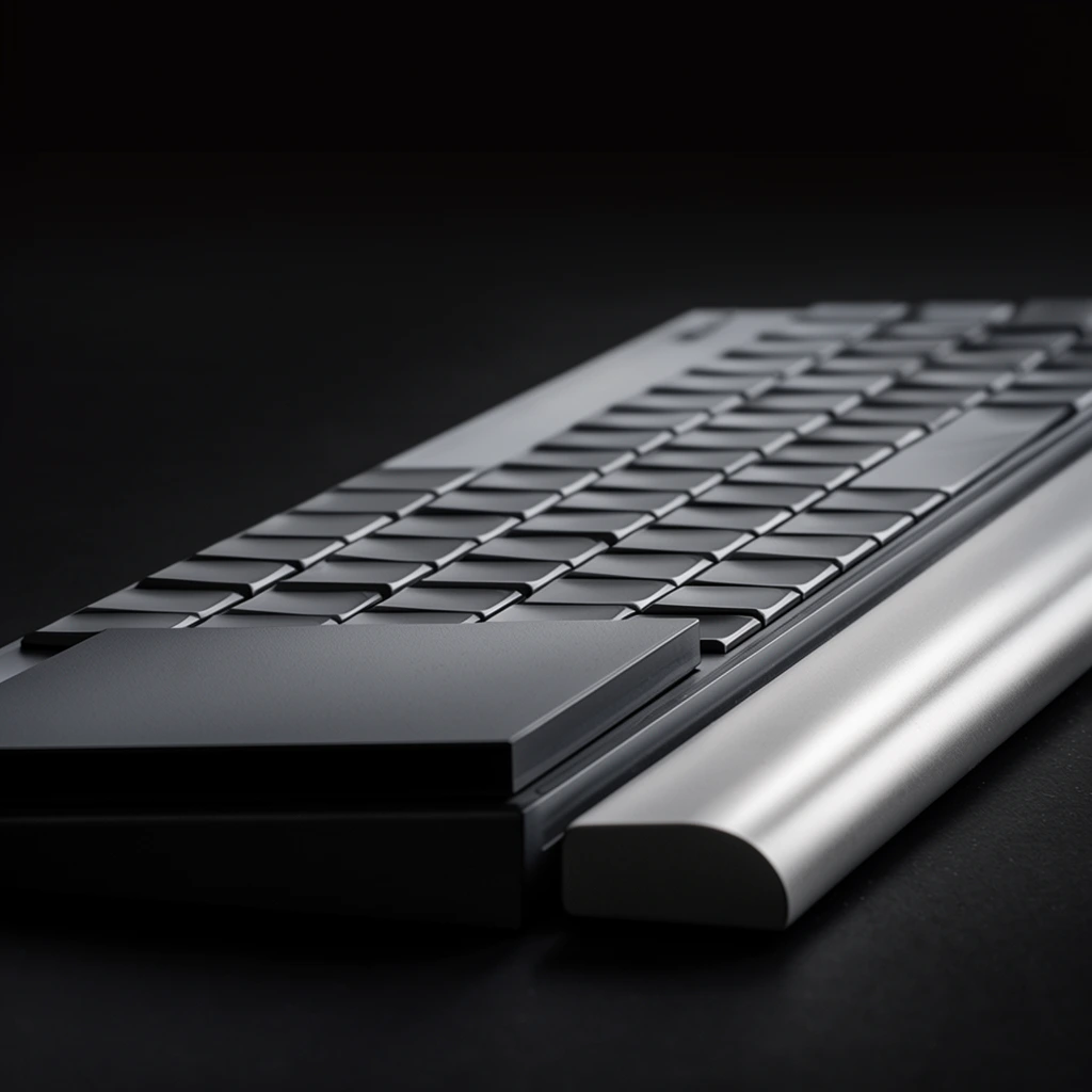 sleek minimalist computer keyboard, industrial product design, matte dark grey low-profile geometric keys, large flat black rectangular block on left, brushed silver curved accessory on right, dramatic low-key lighting, shallow depth of field, monochromatic palette, macro studio photography