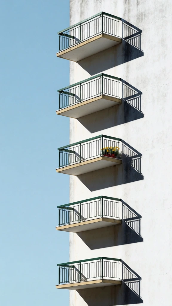 A vertical row of five identical balconies projects from the side of a clean, white residential building against a clear, solid light blue sky. Positioned on the right side of the frame, the white wall of the building stands vertically, while the balconies are spaced evenly apart from top to bottom. Each balcony features a thin, rectangular concrete base with a beige edge and a dark green metal railing composed of thin vertical bars. Sharp, dark shadows from each balcony are cast onto the white wall to the right, creating a repeating geometric pattern of dark rectangles and lines. On the fourth balcony from the top, a small potted plant with yellow flowers and a glimpse of a red object are visible, while the others appear empty. The composition is minimalist and architectural, captured from a slightly low-angle perspective looking up at the building. The lighting is bright and direct, coming from the upper left, which accentuates the contrast between the sunlit white surfaces and the deep shadows. The color palette is dominated by the stark white of the building, the vibrant light blue of the sky, and the dark green of the railings, resulting in a clean and graphic aesthetic.