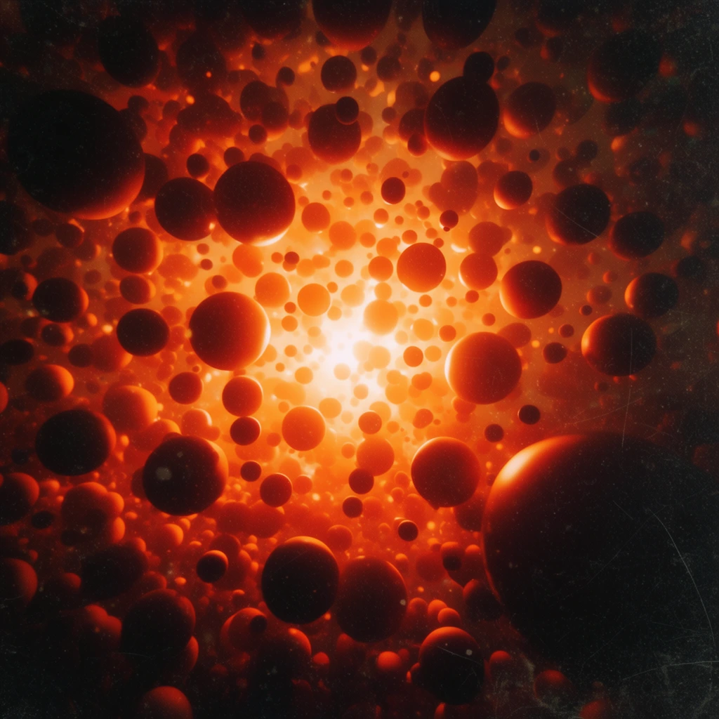 A dense cluster of floating spheres of varying sizes, the spheres range from small specks to large prominent orbs, arranged in a deep three-dimensional space, an intense bright light source emanates from the center, illuminating the surrounding spheres with a fiery orange and warm red glow, creating strong highlights and deep shadows, the spheres closer to the center are brightly lit, while those on the periphery fade into dark shadows, conveying a sense of depth and volume, the overall composition resembles a microscopic view of cells or a cosmic explosion, the image has a grainy texture with subtle scratches and dust marks, giving it a vintage or retro cinematic appearance, high contrast, dramatic lighting, volumetric lighting, abstract 3D render style.