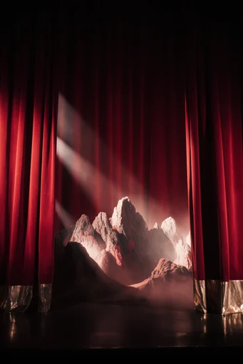 Theatrical Avant-Garde Noir style reference image — theatrical crimson backdrop