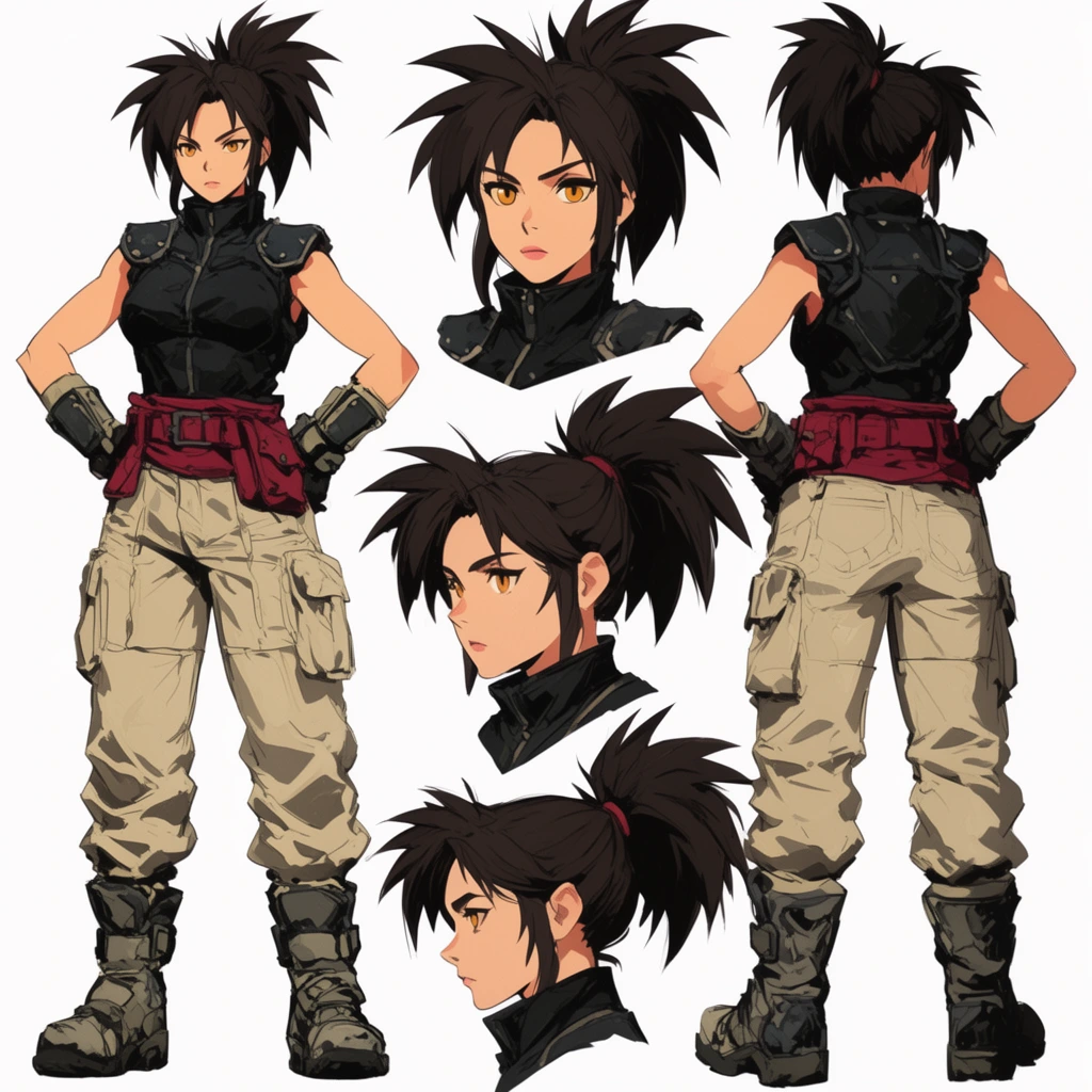 A cel-shaded character reference sheet showing five angles of a female martial artist against a white background. Features front and back full-body poses with hands on hips, plus front, three-quarter, and profile headshots. She has a dark spiky ponytail, amber eyes, a black armored vest, a crimson utility belt, beige cargo pants, wrist guards, and heavy tactical boots.
