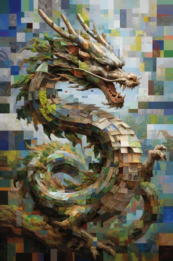 Recursive Voxel Surrealism style reference image — pixelated mosaic landscape
