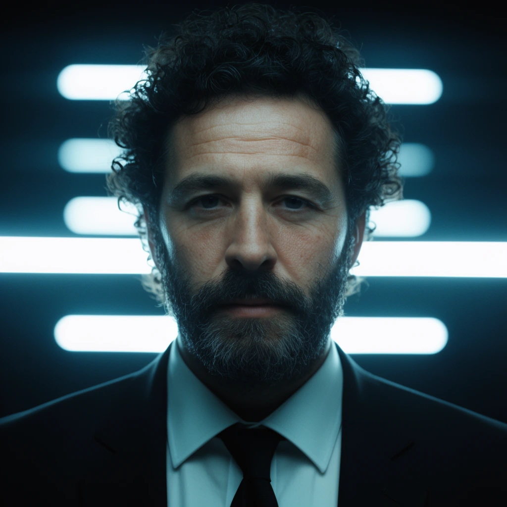 middle-aged man with dark curly hair and beard, black suit, glowing horizontal white neon light bars, dark background, cool cinematic lighting, symmetrical composition